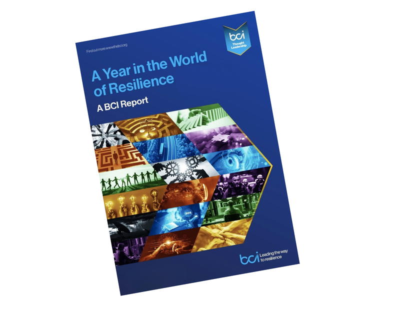 BCI report cover titled “A Year in the World of Resilience,” featuring a blue background and a colourful hexagonal collage representing resilience, technology, teamwork, and business continuity.