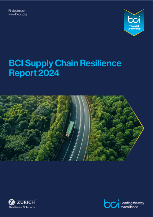 BCI Supply Chain Resilience Report 2024 front cover with BCI Thought Leadership logo and an image of a lorry driving down a road