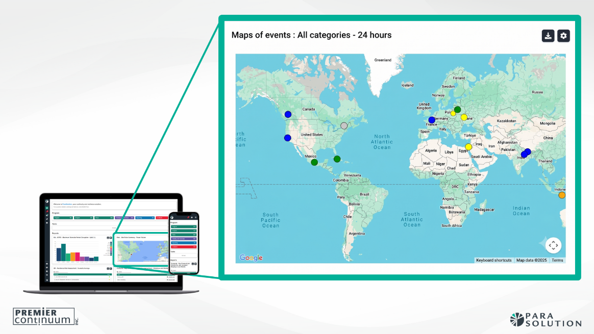 ParaSolution’s AI threat monitoring map supports horizon scanning by visualizing emerging and interconnected risks that could affect business operations and continuity. 